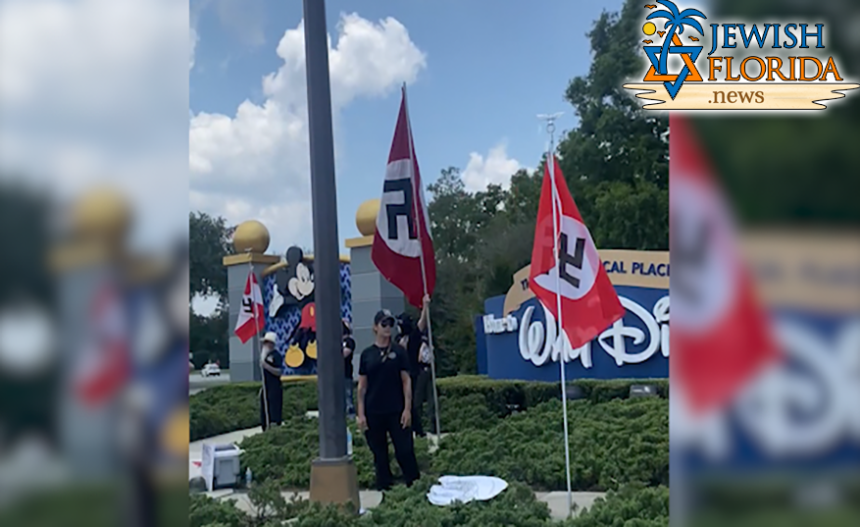 People with Nazi flags, signs supporting Florida Gov. DeSantis gathered outside Disney World