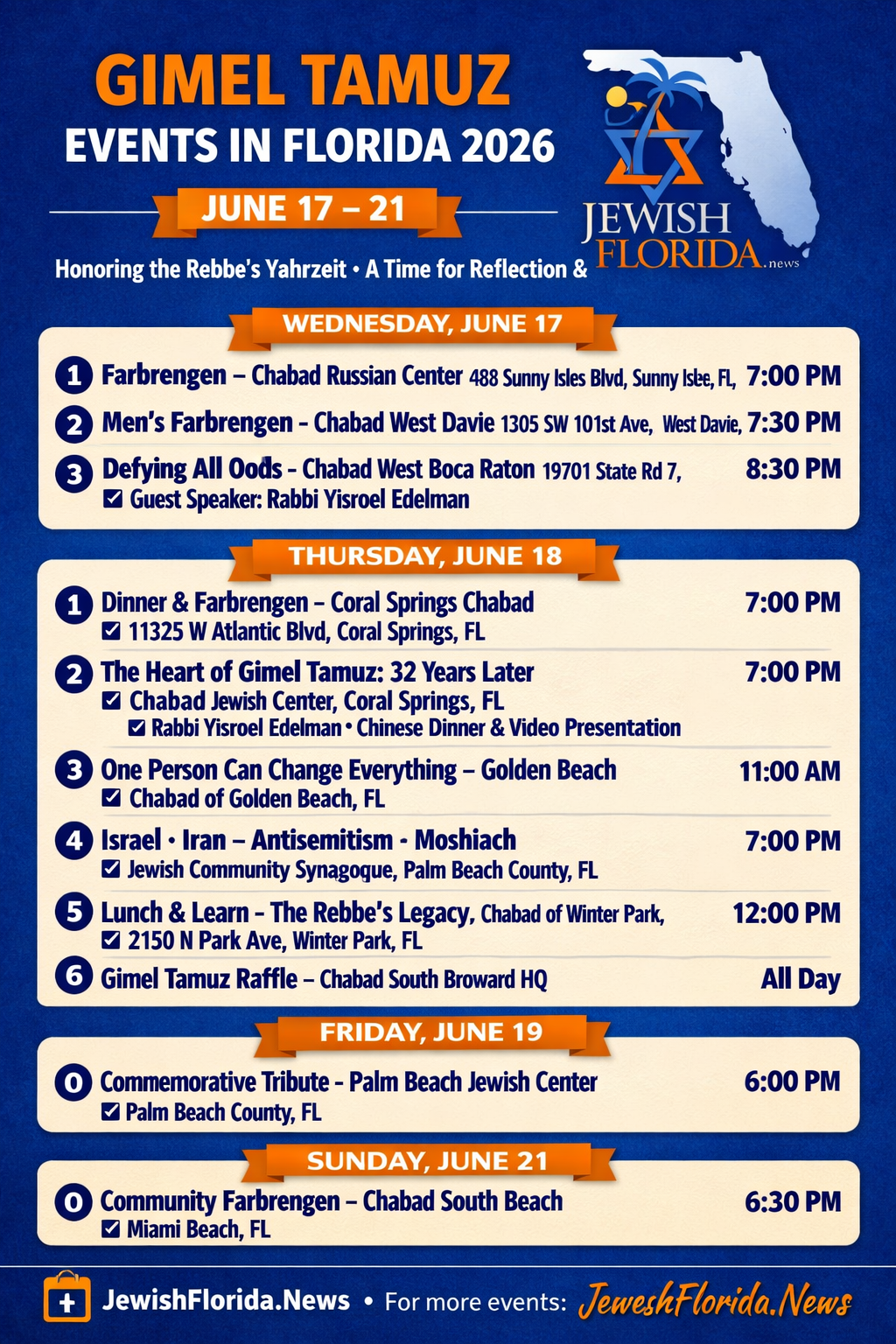 Official List of Gimel Tamuz Events in Florida 2026